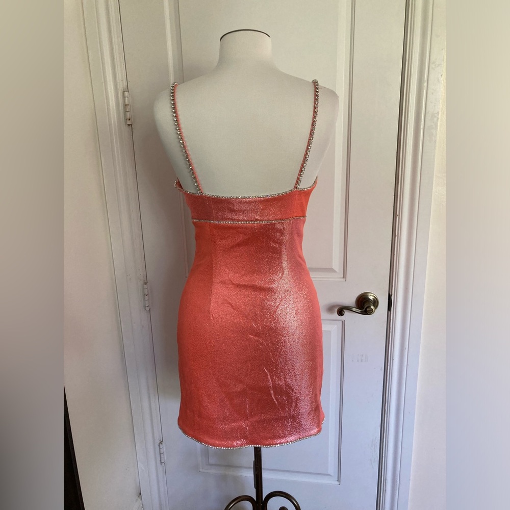 AREA Mini Dress in Crystals Embellished Trim & Metallic Coral - Picture 10 of 16